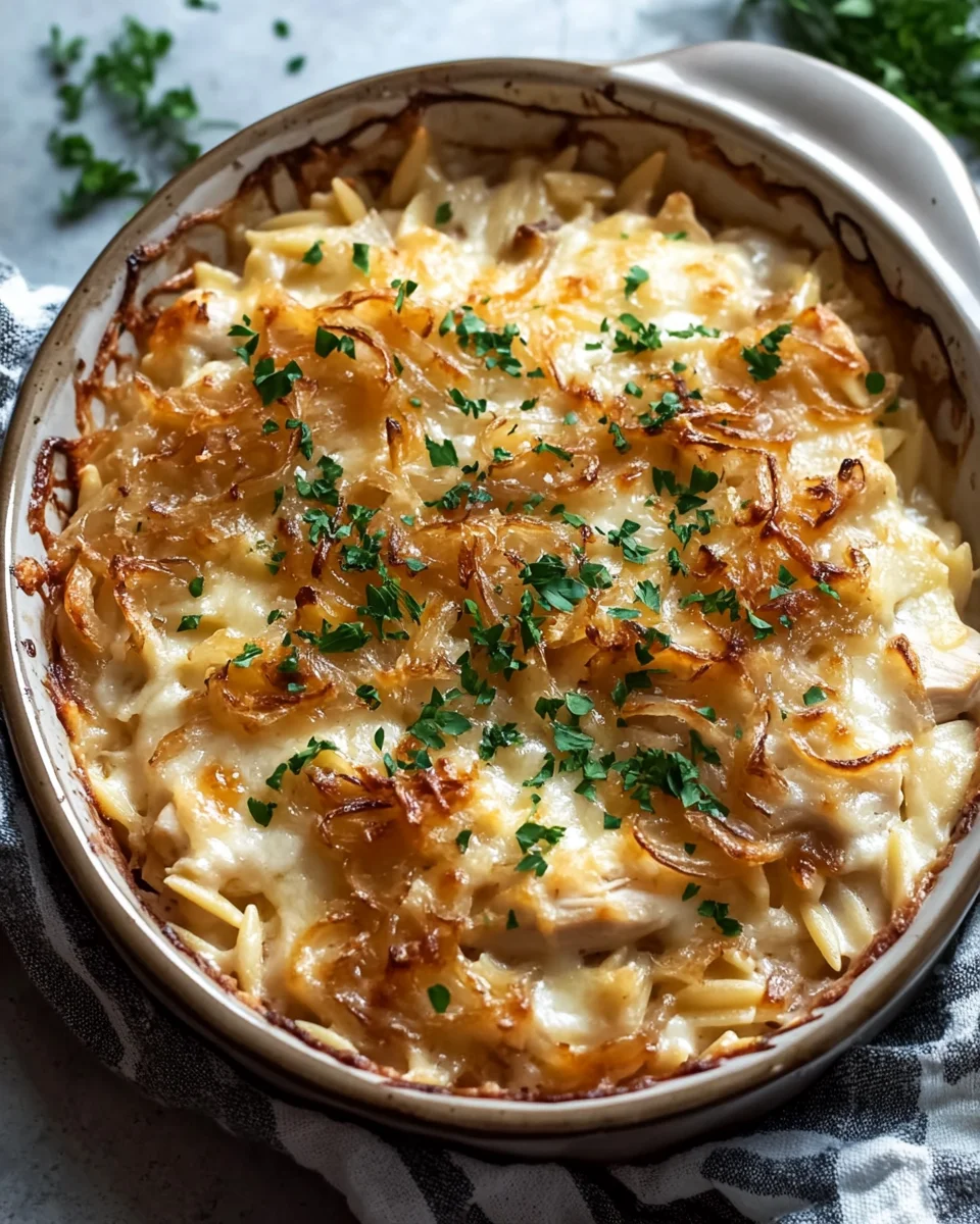 French Onion Chicken Orzo Casserole