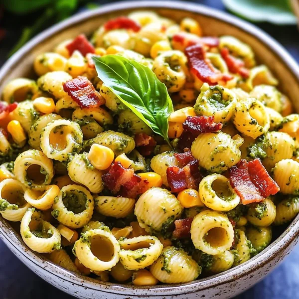 Corn Pasta Salad with Bacon and Creamy Pesto Dressing