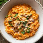 Ground Beef Orzo with Tomato Cream Sauce