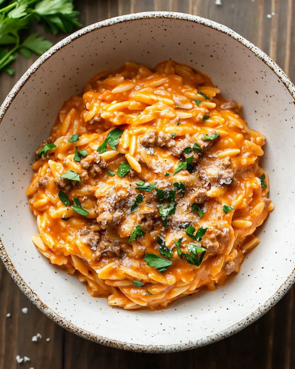 Homepage 5 Ground Beef Orzo with Tomato Cream Sauce