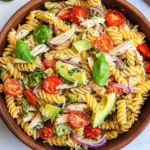 Healthy Chicken Pasta Salad with Avocado, Tomato, and Basil
