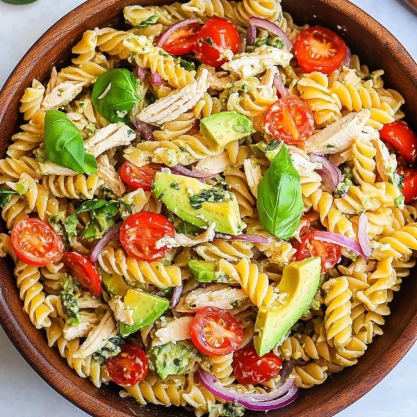 Healthy Chicken Pasta Salad with Avocado, Tomato, and Basil