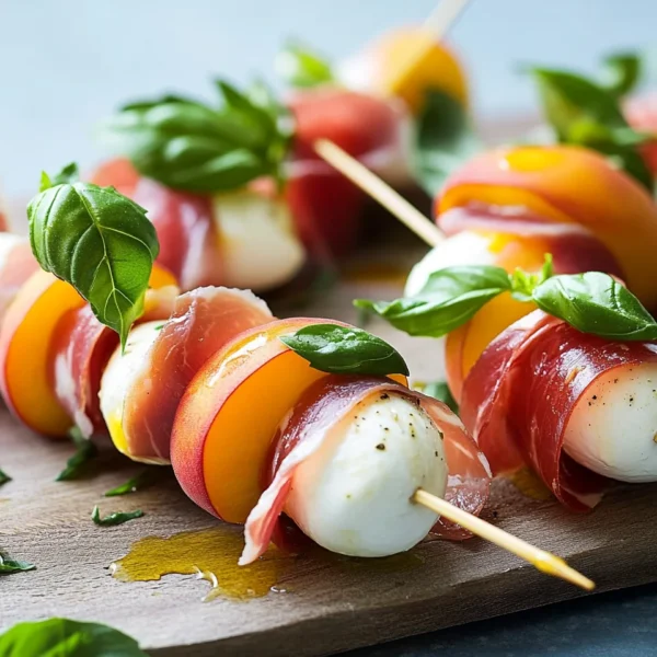 Mozzarella, Prosciutto, and Pickled Peach Appetizer Skewers