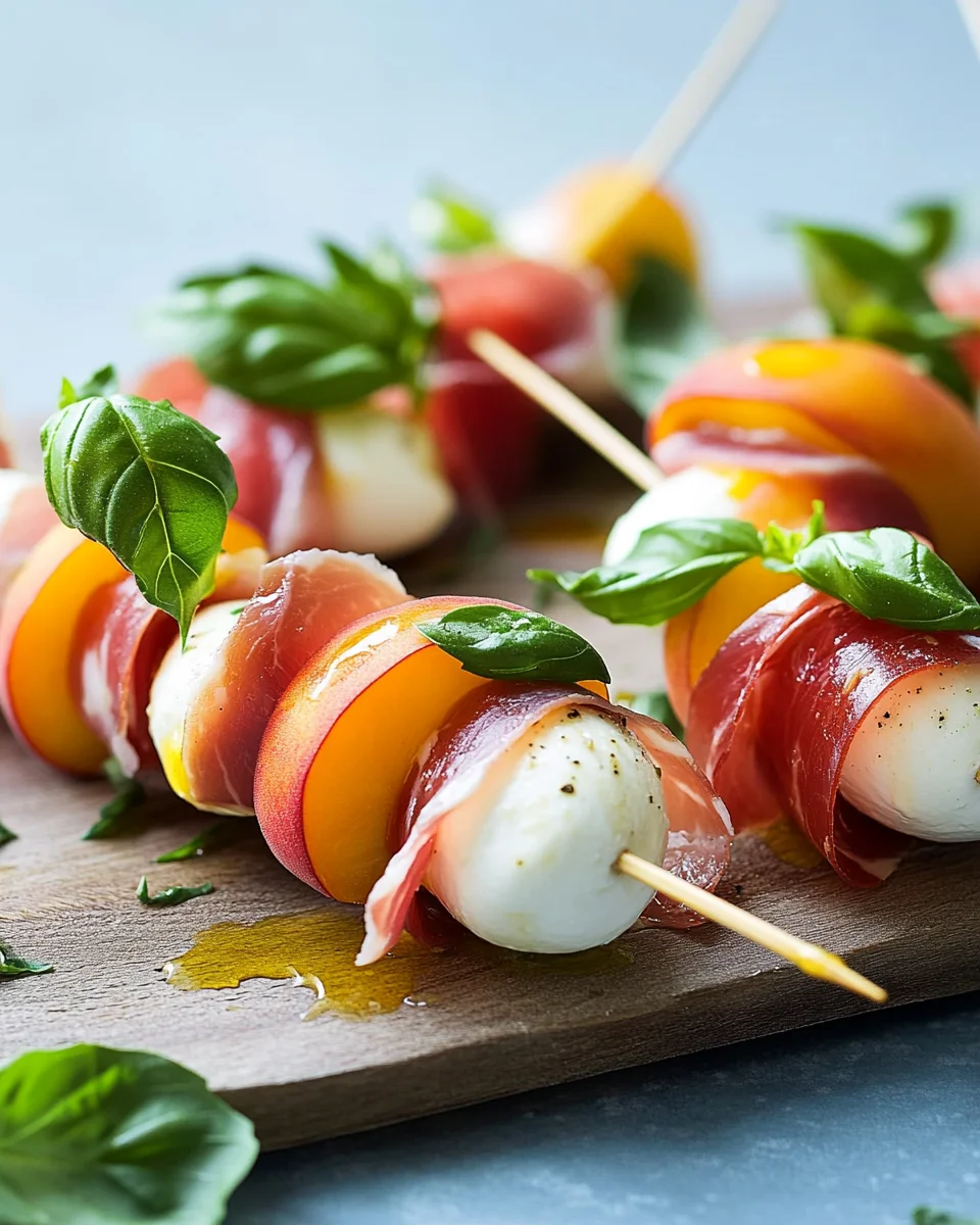 Mozzarella, Prosciutto, and Pickled Peach Appetizer Skewers 19 Mozzarella, Prosciutto, and Pickled Peach Appetizer Skewers
