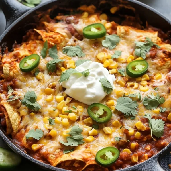 One Skillet Street Corn Chicken Enchilada Bake